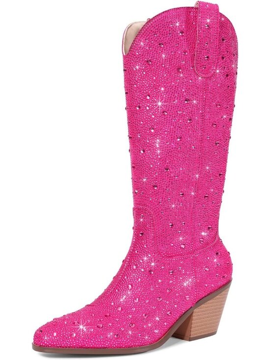 Shoes - Women's Mid Calf Pink Western Rhinestone Chunky Heel Fashion Cowgirl Ankle Boot